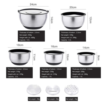 Set of 5 Stainless Steel, Non-Slip Mixing Bowl