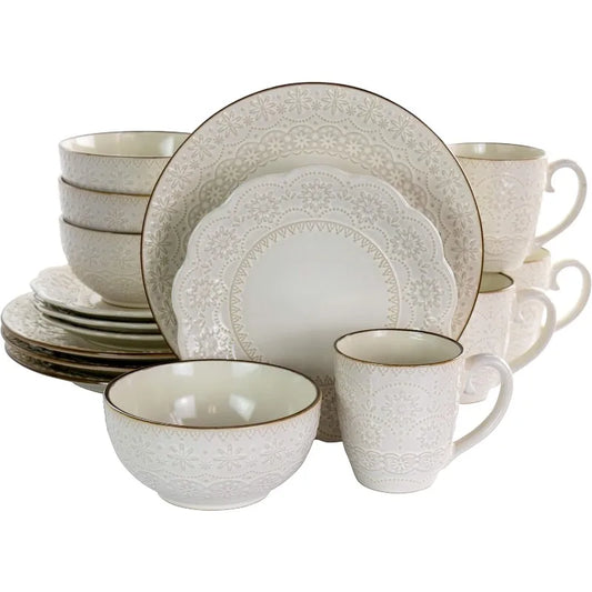 Embossed Scalloped Stoneware Dinnerware Set, 16 Piece