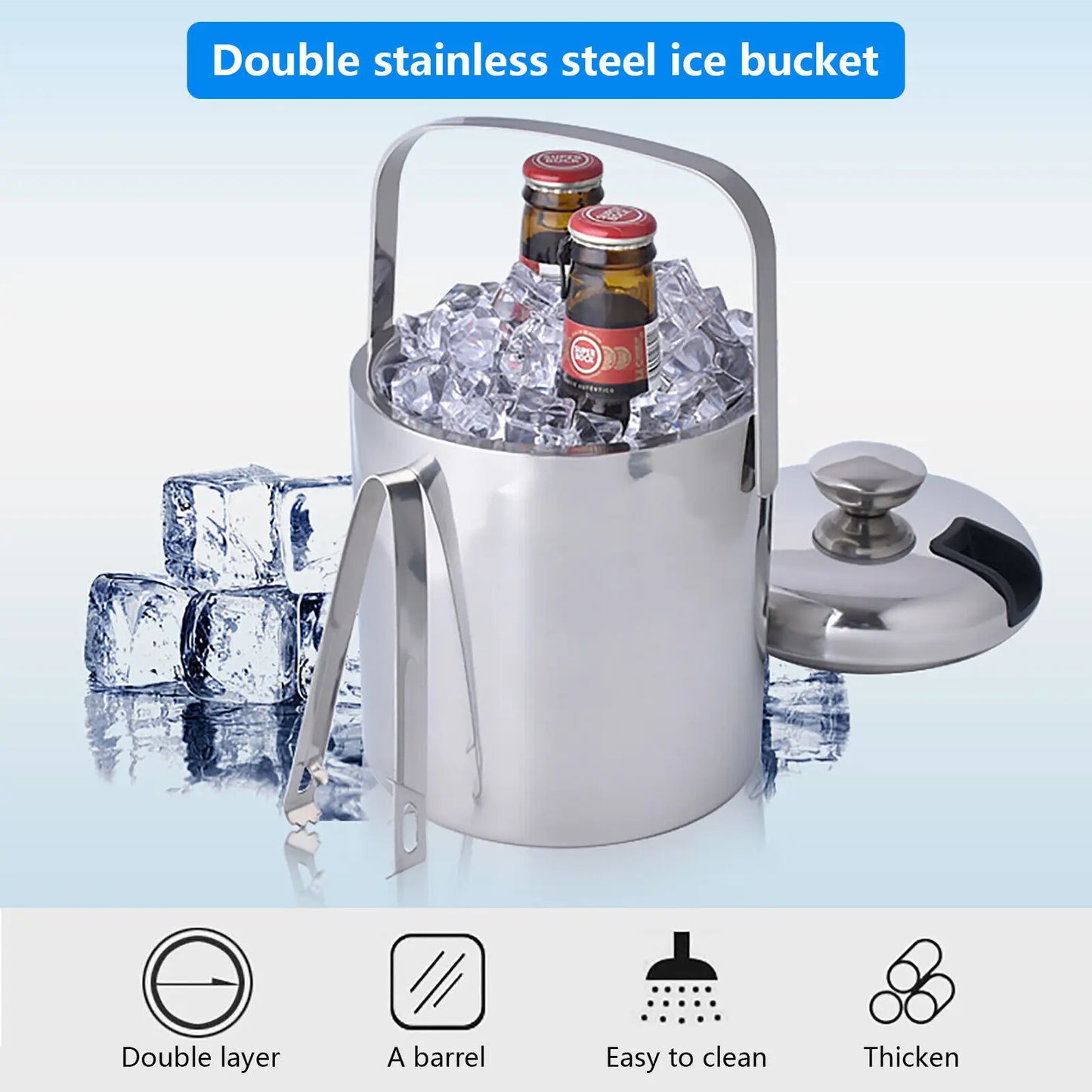 ICE BUCKET Insulated Double Wall, Lid, Tongs, Handle