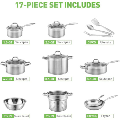 Stainless Steel Pots and Pans Set, 17PC