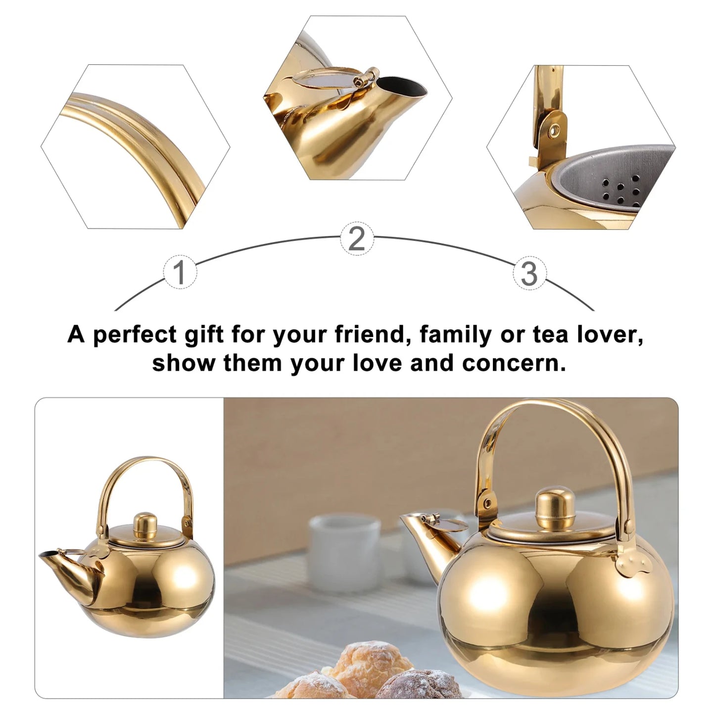 Large Capacity Teapot with Filter, Gold or Silver