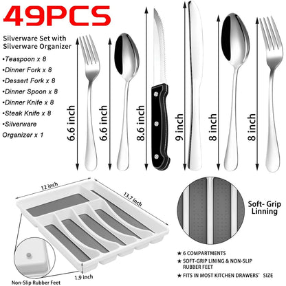 49-Piece Stainless Steel Silverware Set with Organizer