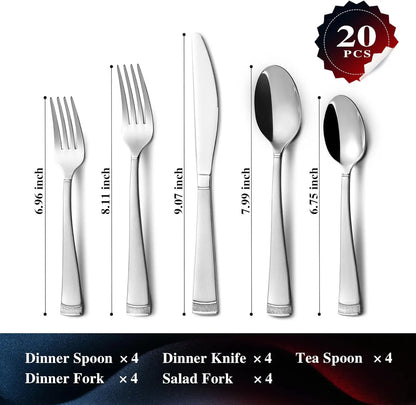 Silverware Set 20 Piece, Set for 4