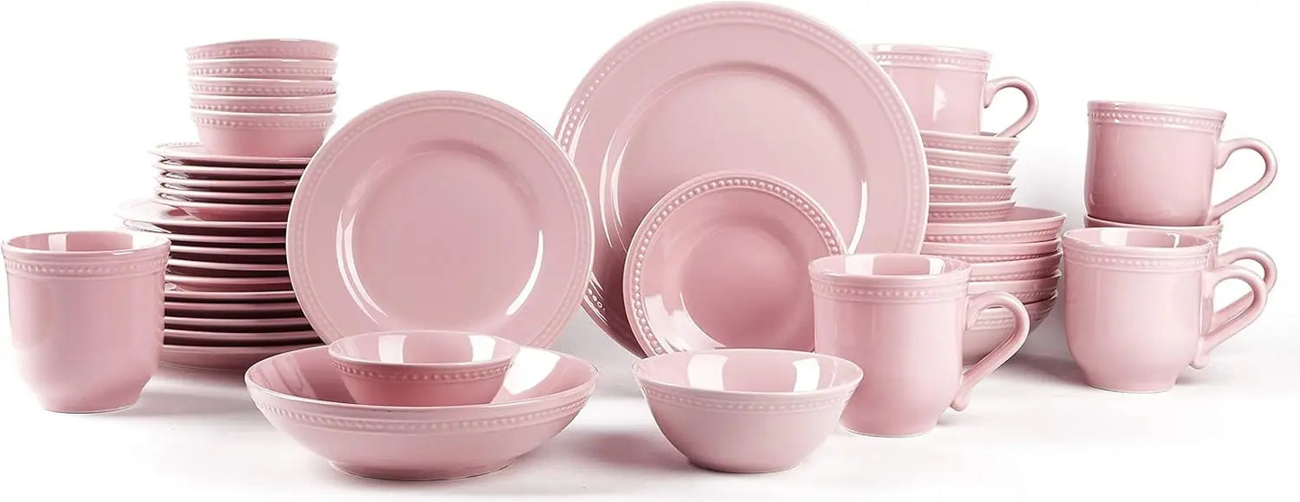 Ceramic Dinnerware Set,  42pc Set Pink